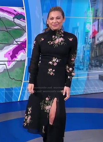 Ginger’s black floral print mock neck dress on Good Morning America
