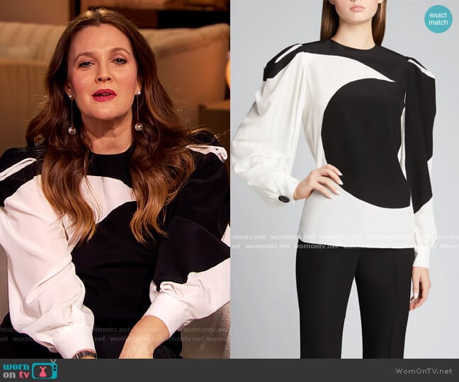 Givenchy Bonded Graphic Silk Puff-Sleeve Blouse worn by Drew Barrymore on The Drew Barrymore Show