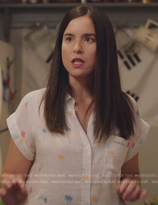 Gwen’s white palm tree print top on Kims Convenience