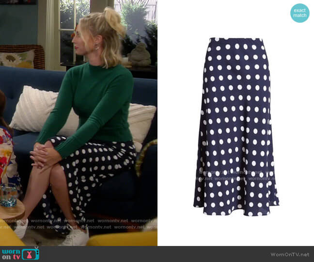 Halogen Bias Cut A-Line Skirt in Navy Ivory Dot worn by Mandy Baxter (Molly McCook) on Last Man Standing