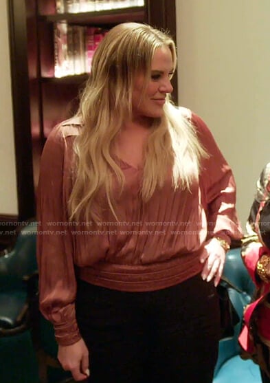 Heather’s pink v-neck pleated top on The Real Housewives of Salt Lake City