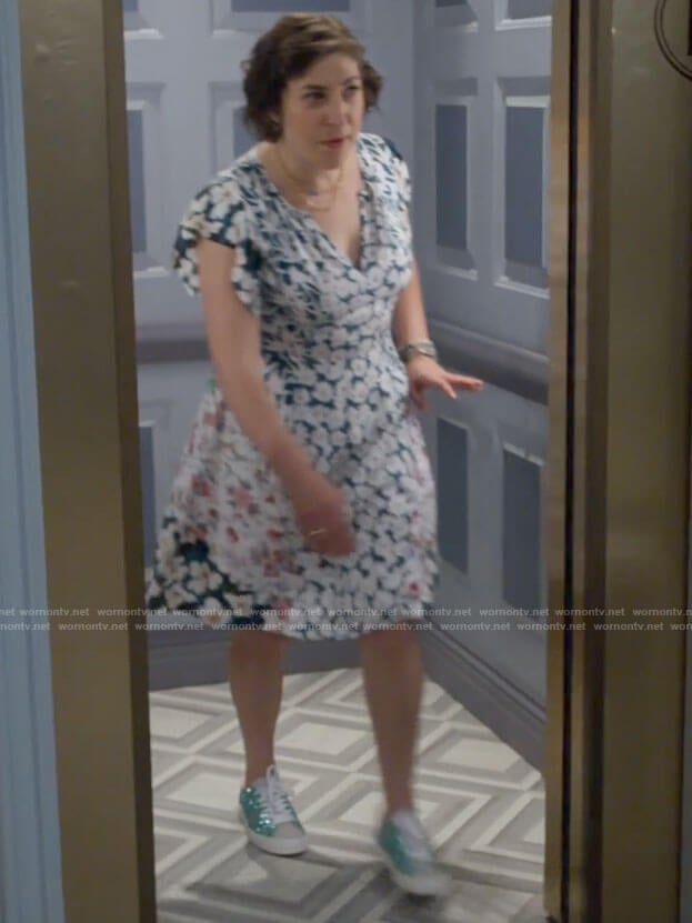 Kat’s mixed floral print dress and green glitter sneakers on Call Me Kat