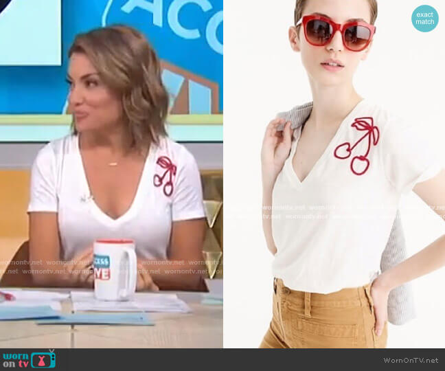 J. Crew Cherry Embroidered V-Neck T-Shirt worn by Kit Hoover on Access Hollywood