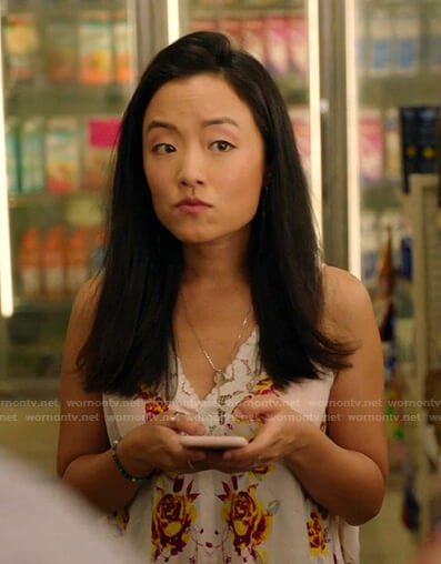 Janet’s white floral lace-trim top on Kims Convenience