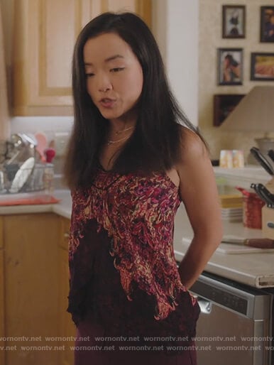 Janet’s red floral lace cami on Kims Convenience