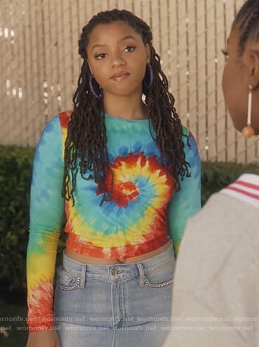Jazlyn’s tie dye top and embellished denim skirt on Grown-ish