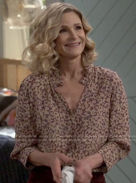 Jean’s printed v-neck blouse on Call Your Mother