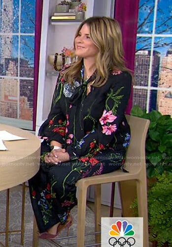 Jenna’s black floral tie neck blouse and pants on Today