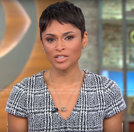 Jericka Duncan’s plaid v-neck dress on CBS This Morning Saturday