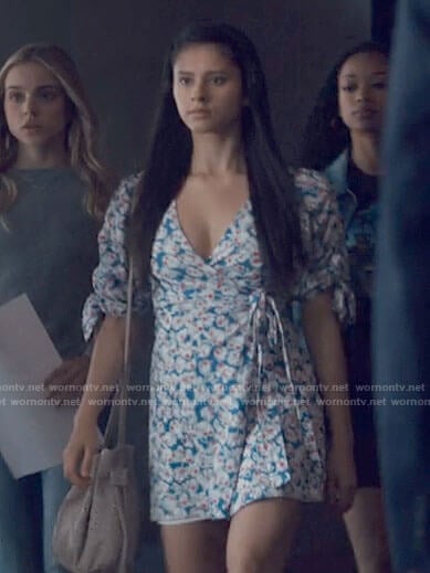 June’s blue floral wrap dress with puff sleeves on Tiny Pretty Things