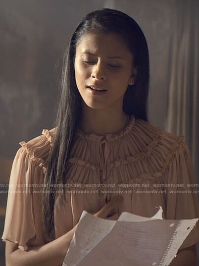 June’s blush ruffled tie front blouse on Tiny Pretty Things