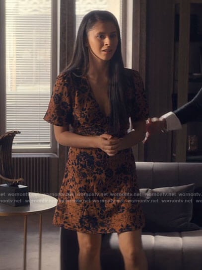 June’s orange floral v-neck dress on Tiny Pretty Things