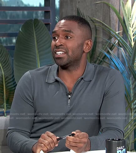 Justin’s grey zip polo shirt on E! News Daily Pop
