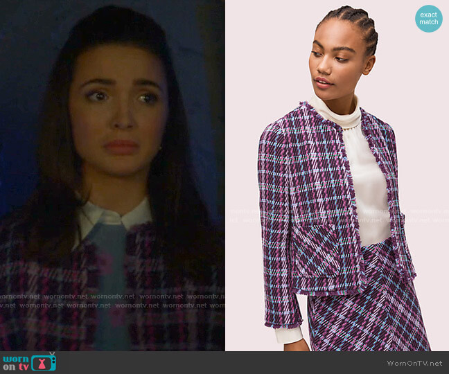 Kate Spade Plaid Tweed Jacket worn by Bess (Maddison Jaizani) on Nancy Drew
