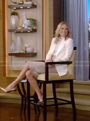 Kelly’s white blazer and beige skirt on Live with Kelly and Ryan