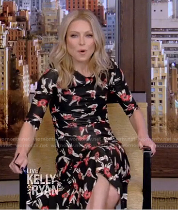 Kelly’s black floral midi dress on Live with Kelly and Ryan