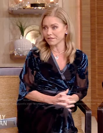 Kelly’s blue velvet trim wrap dress on Live with Kelly and Ryan