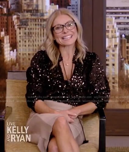 Kelly’s black metallic tie neck blouse and pencil skirt on Live with Kelly and Ryan