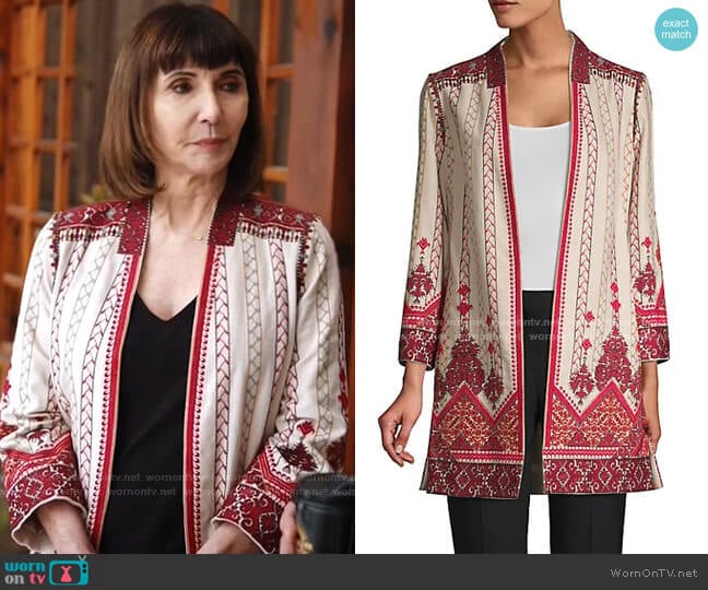 Kobi Halperin Lexy Embroidered Linen-Blend Coat worn by Maggie Clarke (Mary Steenburgen) on Zoeys Extraordinary Playlist