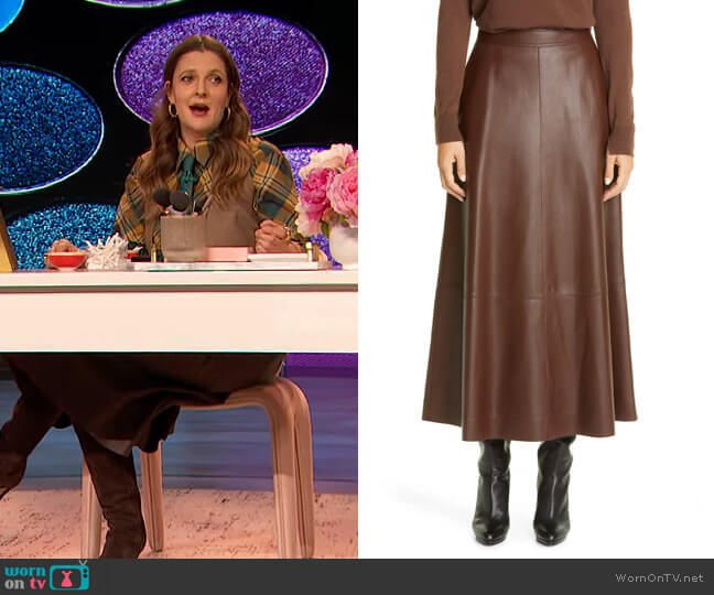 Lafayette 148 Sumner Plonge Leather Midi Skirt worn by Drew Barrymore on The Drew Barrymore Show