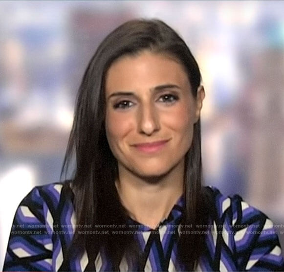 Laurie Segall’s purple geomtric print dress on CBS This Morning