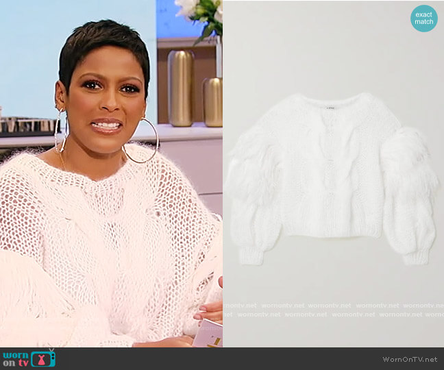 Loewe Feather-trimmed cable-knit mohair-blend sweater worn by Tamron Hall on Tamron Hall Show