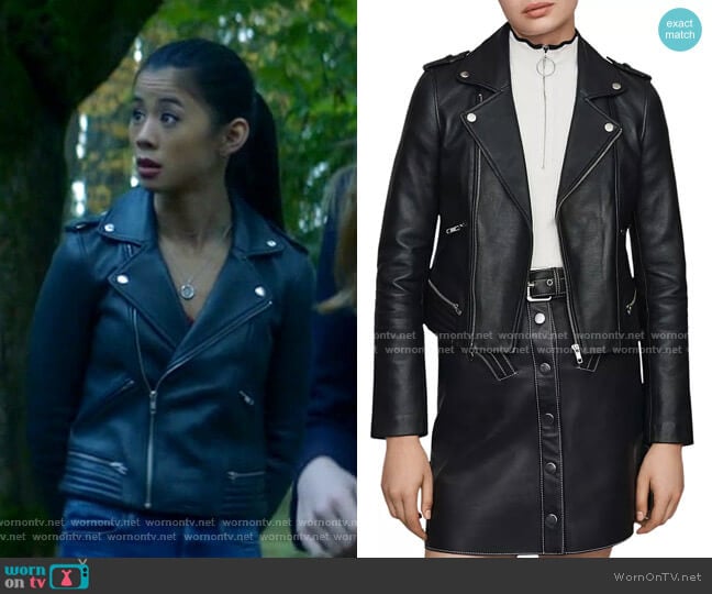 Maje Basalt Leather Moto Jacket worn by George Fan (Leah Lewis) on Nancy Drew