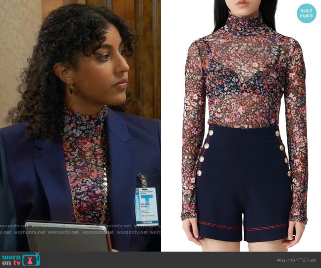 Maje Thomas Floral Mesh Long Sleeve T-Shirt worn by Mikaela Shaw (Vella Lovell) on Mr Mayor