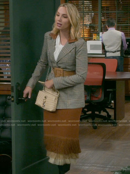 Mandy’s plaid blazer with leather detail and fringed midi skirt on Last Man Standing