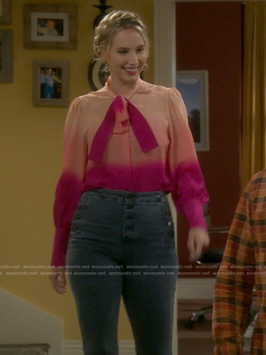 Mandy’s pink ombre tie neck blouse and grey jeans on Last Man Standing