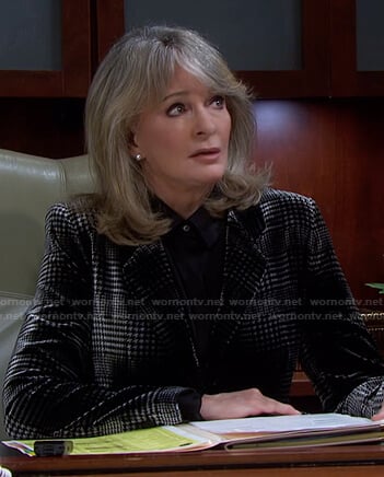 Marlena’s grey houndstooth velvet blazer on Days of our Lives