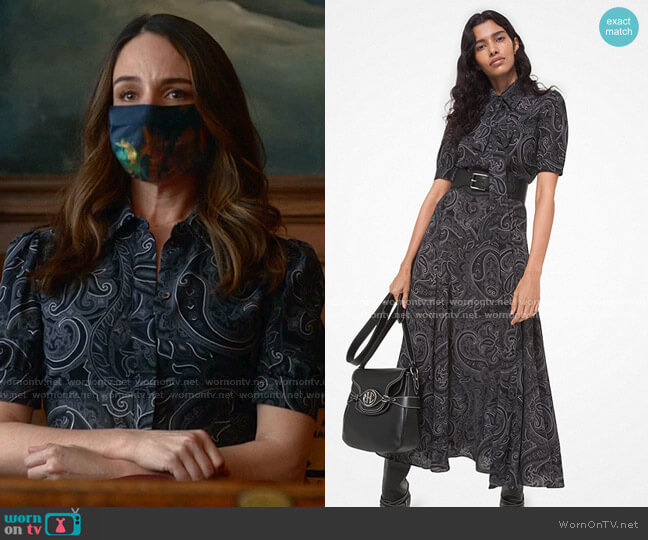 Michael Kors Paisley Silk Georgette Tie-Neck Shirtdress worn by Isabella Colón (Yara Martinez) on Bull