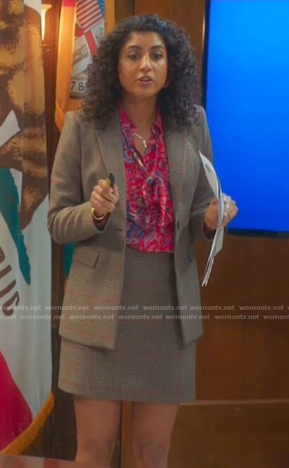 Mikaela’s pink paisley blouse and plaid blazer and skirt on Mr Mayor