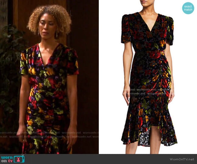 Milly Gynn Ruched Velvet Floral Burnout Midi Dress