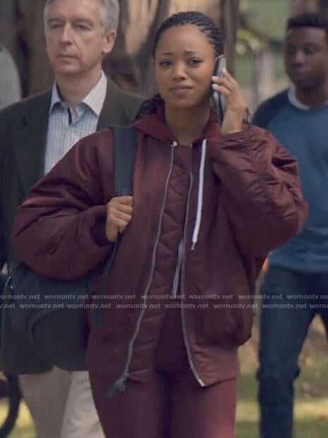 Neveah’s burgundy bomber jacket on Tiny Pretty Things