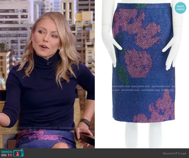 Dries van Noten Metallic Floral Skirt worn by Kelly Ripa on Live with Kelly and Mark
