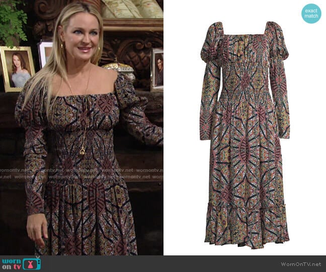 Nicole Miller Smocked silk-blend dress worn by Sharon Newman (Sharon Case) on The Young and the Restless