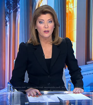 Norah’s black puff sleeve blazer on CBS Evening News
