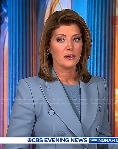 Norah’s blue blazer and flare pants on CBS Evening News