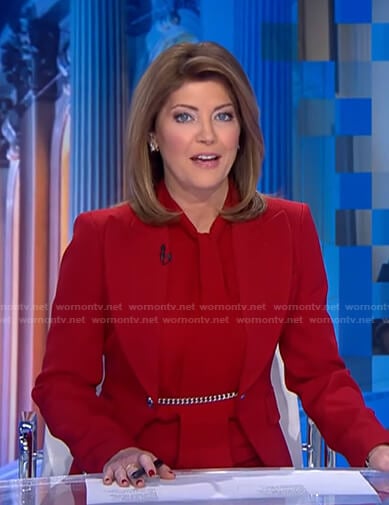 Norah’s red chain embellished blazer on CBS Evening News