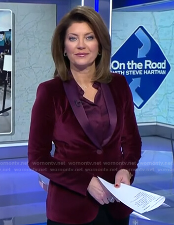Norah’s purple velvet blazer on CBS Evening News