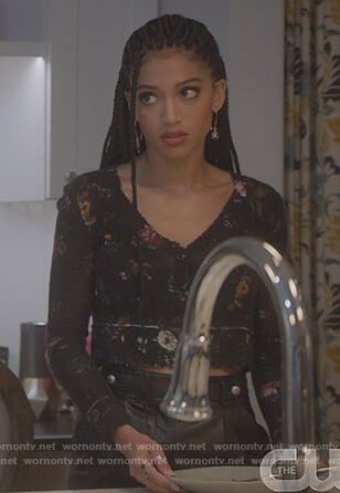 Olivia’s black floral cardigan on All American