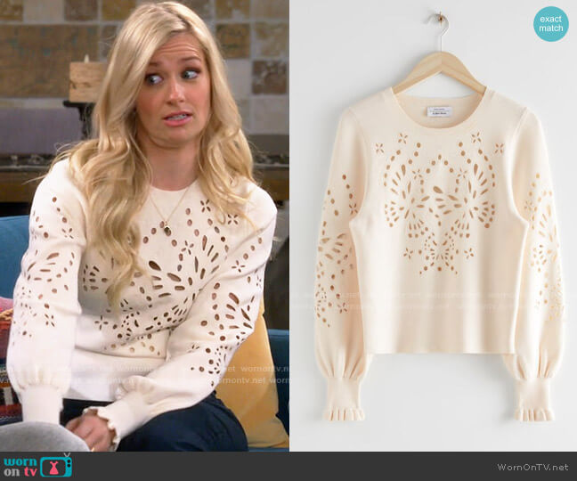 & Other Stories Embroidered Jacquard Knit Sweater worn by Gemma (Beth Behrs) on The Neighborhood