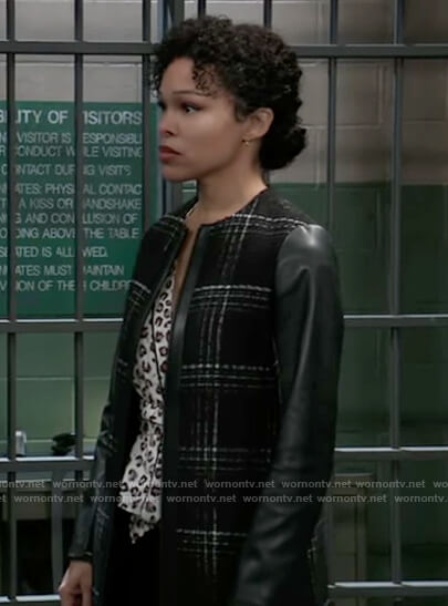 Portia’s black plaid coat with leather sleeves on General Hospital