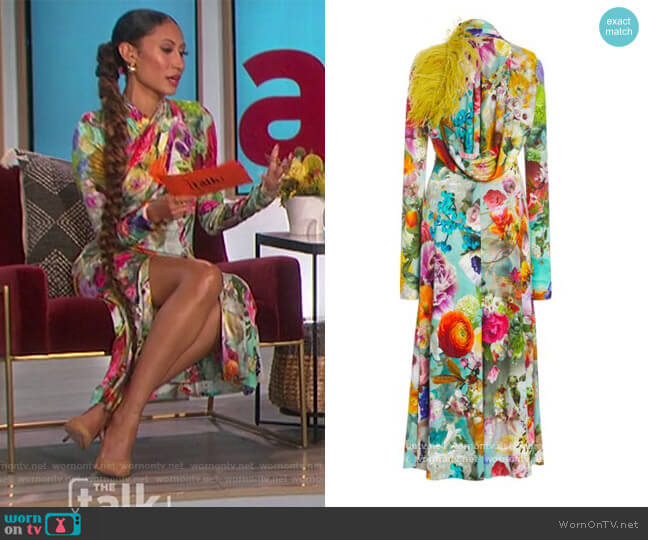 Prabal Gurung Feather Embellished Draped Floral Midi Dress worn by Elaine Welteroth on The Talk