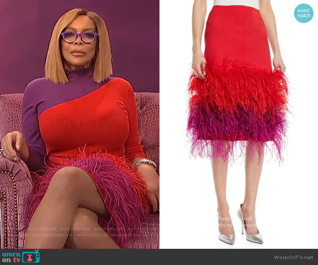 Prabal Gurung Two-Tone Feather-Hem Silk Cocktail Skirt worn by Wendy Williams on The Wendy Williams Show