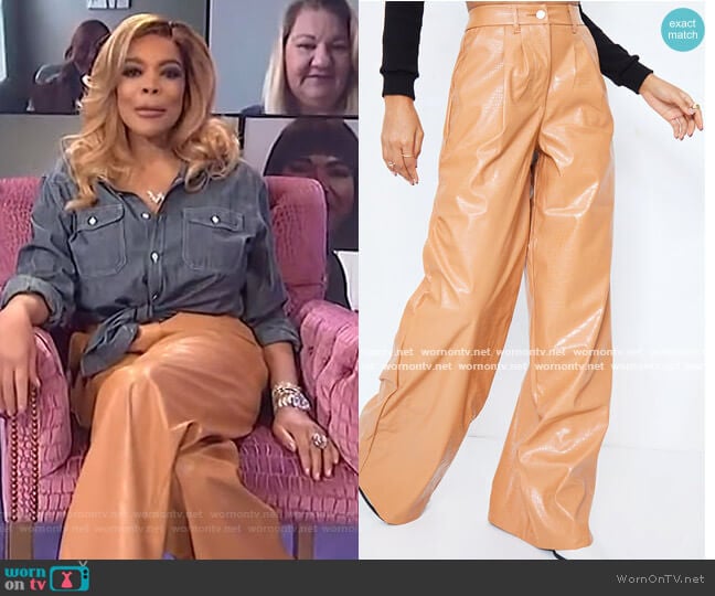 Pretty Little Thing Camel Croc Faux Leather Wide Leg Pants worn by Wendy Williams on The Wendy Williams Show