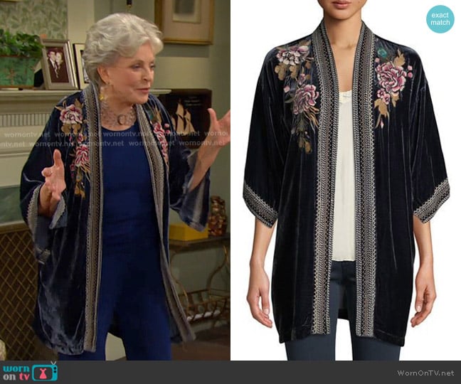 Johnny Was Quito Floral-Embroidered Velvet Kimono w/ Border Stitching worn by Julie Olson Williams (Susan Seaforth Hayes) on Days of our Lives