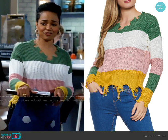 Frayed Color Block V Neck Sweater in Green from Rainbow worn by Randi (Kyla Pratt) on Call Me Kat