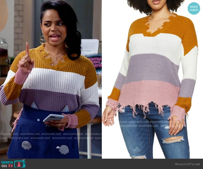 Rainbow Frayed Colorblock V-neck Sweater in Rust worn by Randi (Kyla Pratt) on Call Me Kat